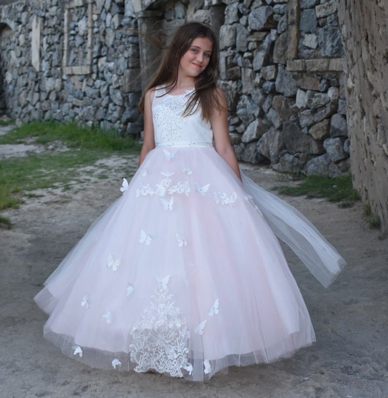 PLwedding Fancy Flower Girl Dress Kids Lace Applique Pageant Party Ball Gown Blush Pink Size 12 - Image 5
